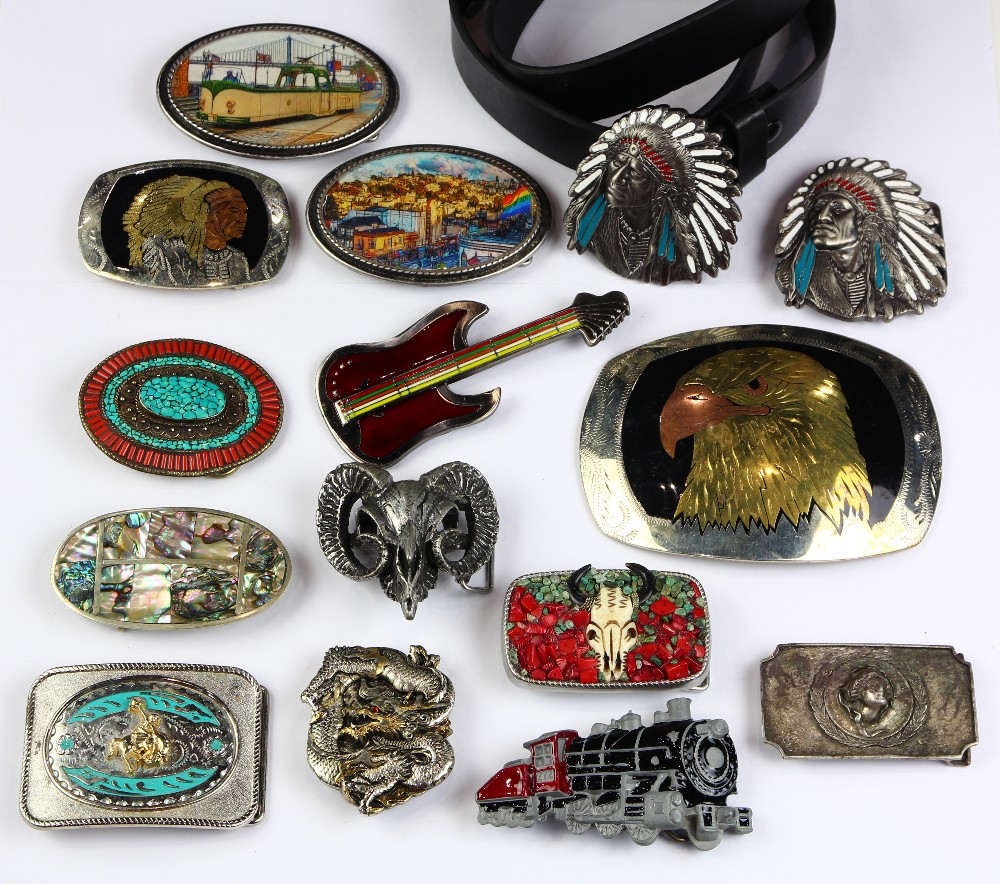 (Lot of 15) Multi-stone, metal belt buckles with leather belt Including one inlaid shell alpaca belt - Image 2 of 3