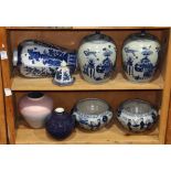 (lot of 7) Chinese porcelain vessels: including three blue-and-white lidded jars, two compressed