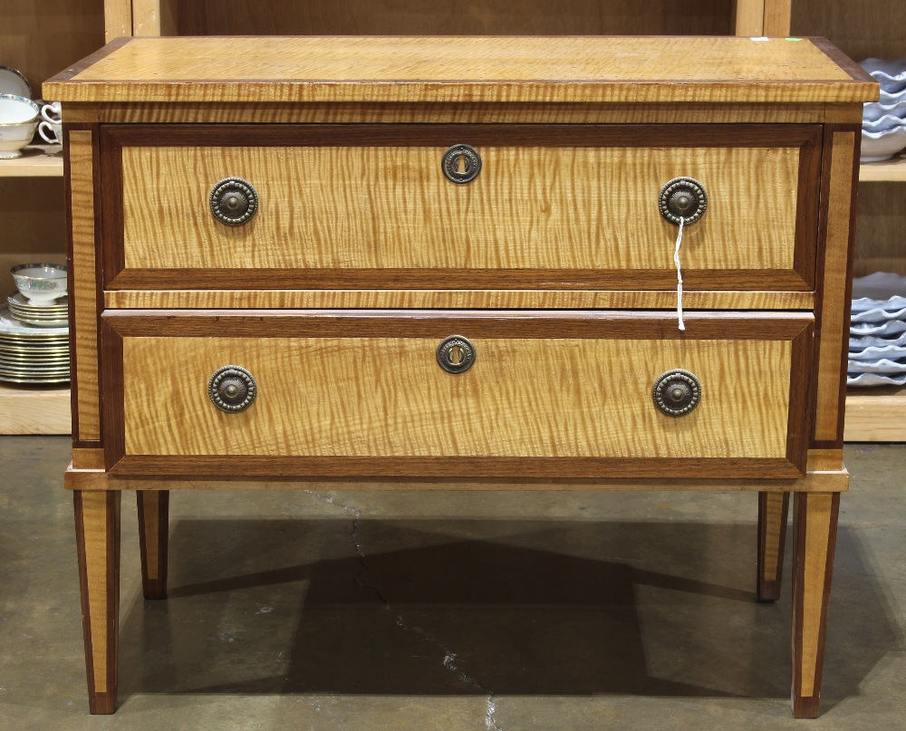 Hepplewhite chest of drawers, executed in maple with fruitwood inlay banding, the two drawer case