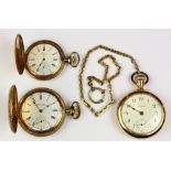 (Lot of 3) Gold-filled pocket watches and chain including one Waltham open face pocket watch,