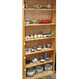 (lot of 50+) Six shelves of Asian decorative items, consisting of Chinese enameled bowls, ox blood