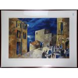 Continental School (20th century), Cafe Scene by Moonlight, lithograph in colors, pencil signed