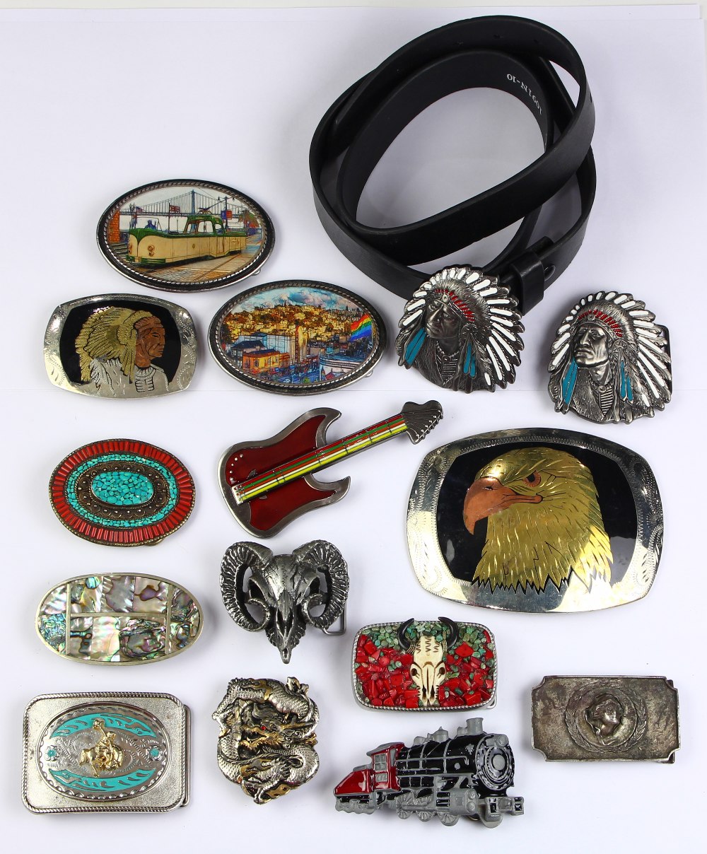 (Lot of 15) Multi-stone, metal belt buckles with leather belt Including one inlaid shell alpaca belt