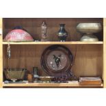 (lot of 10) Two shelves of Asian decorative items, including a red conical hat; a wood figural