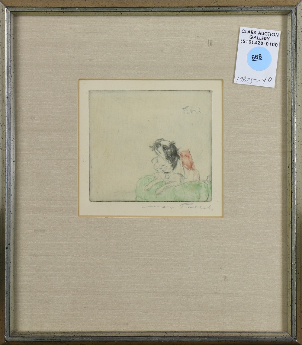 Max Pollak (American/Czech, 1886-1970), Portrait of a Lap Dog, etching in colors, pencil signed