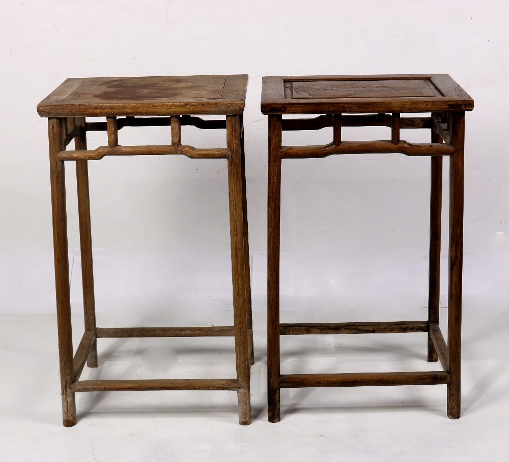 (lot of 2) Chinese wooden rectangular stands, each with a floating top panel, with railed aprons and - Image 2 of 5