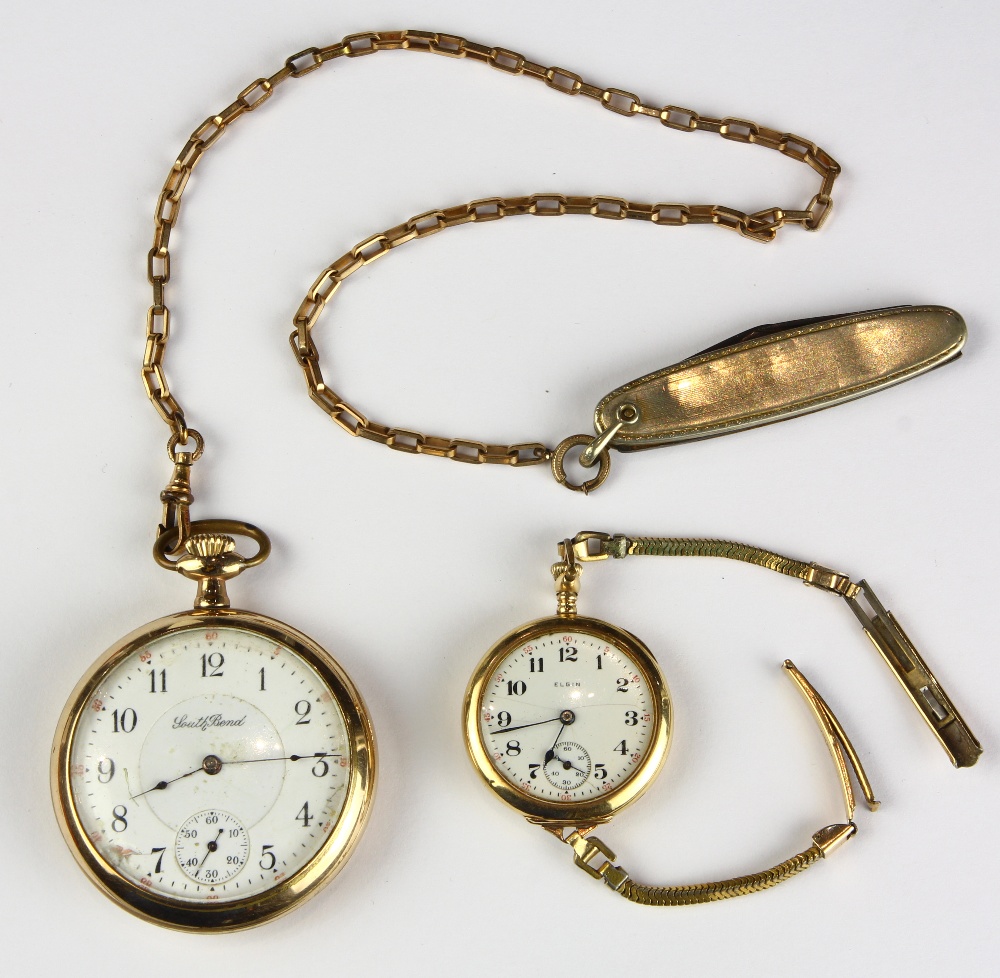 (Lot of 2) Gold-filled metal watches and jewelry Including one converted Elgin wristwatch, Dial: