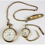 (Lot of 2) Gold-filled metal watches and jewelry Including one converted Elgin wristwatch, Dial: