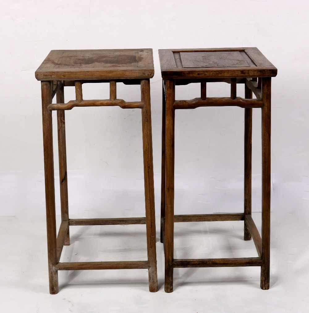 (lot of 2) Chinese wooden rectangular stands, each with a floating top panel, with railed aprons and - Image 3 of 5