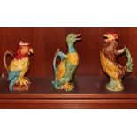 (lot of 3) French ceramic figural pitchers, one in the form of a rooster, largest: 12.5"h