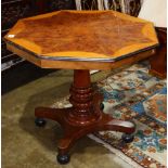 Regency style occasional table, having an octagonal top with walnut burl starburst central panel,