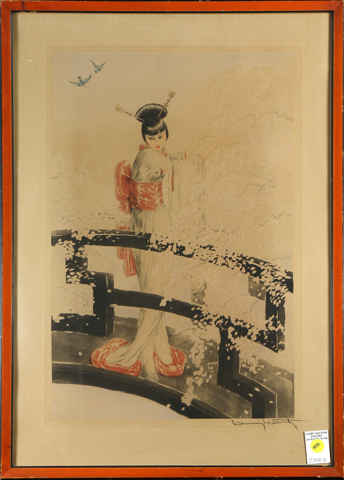 Louis Icart (French, 1888-1950), "Geisha on a Bridge," etching in colors, pencil signed lower right,
