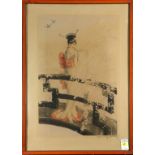 Louis Icart (French, 1888-1950), "Geisha on a Bridge," etching in colors, pencil signed lower right,