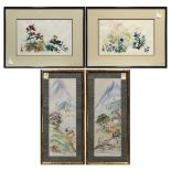 (lot of 4) Japanese ink and colors on silk: one with spring flowers and the other with autumn