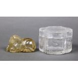 (lot of 2) Chinese rock crystal items: first a recumbent horse; second, a covered box of lobed melon