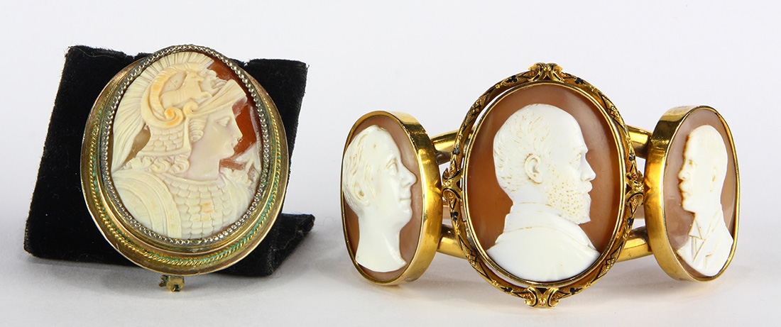 (Lot of 2) Shell cameo, enamel, hair and gold-filled jewelry Including 1) Victorian bracelet,