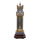 Custom cloisonne and gilt bronze tall case clock, having a circular dial with phoenix reserves and