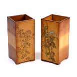 (lot of 2) Bamboo brush pots of square section, incised with flowers, with wood rim and base, 6.75"