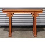 Chinese hardwood altar table, inset with a single floating top panel, within an upturned flange, the