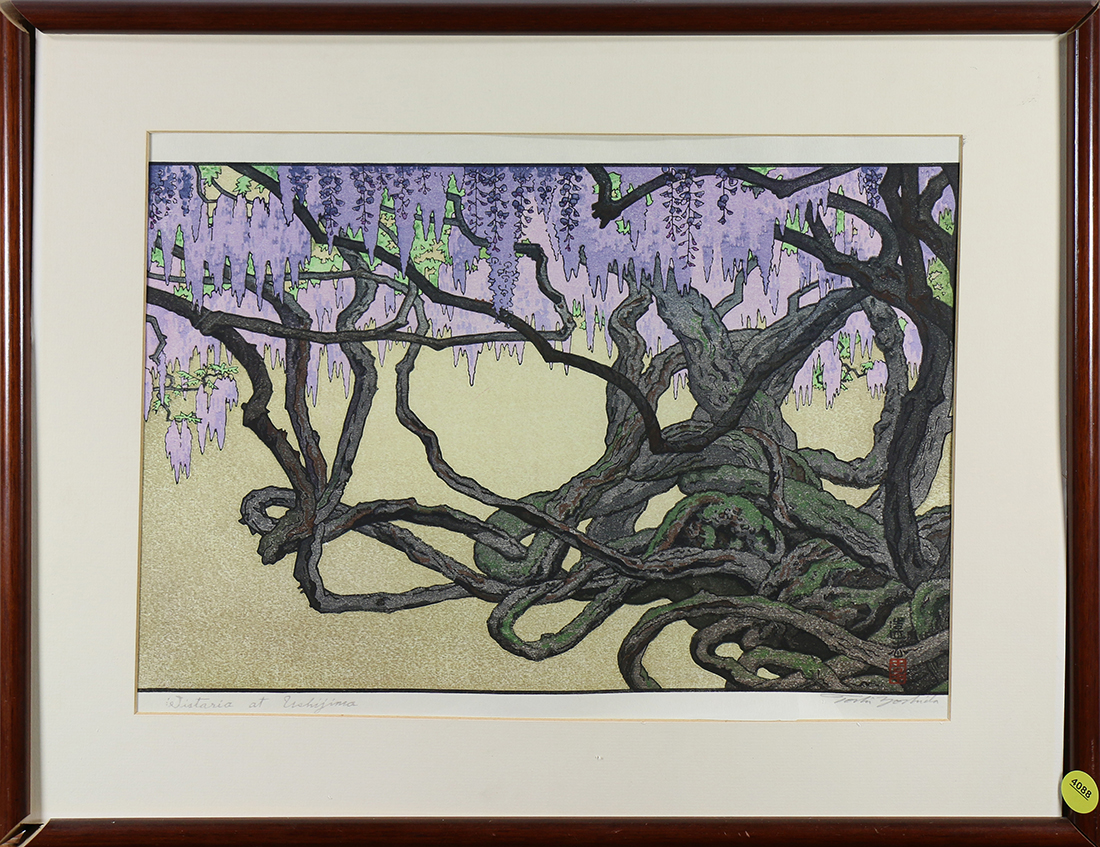 Yoshida Toshi (Japanese, 1911-1995), 'Wisteria at Ushijima', woodblock print, lower right with the