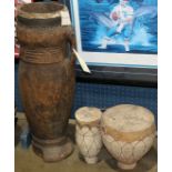 (lot of 2) African drum group, including a tall, wood, authentic and used Kuba drum having a handled