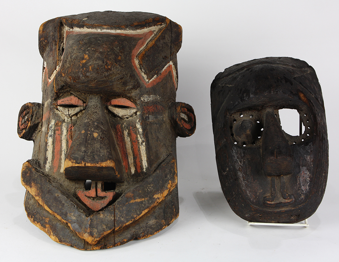 (lot of 2) African dance mask group, consisting a D.R. Congo mask having pigment decoration and a