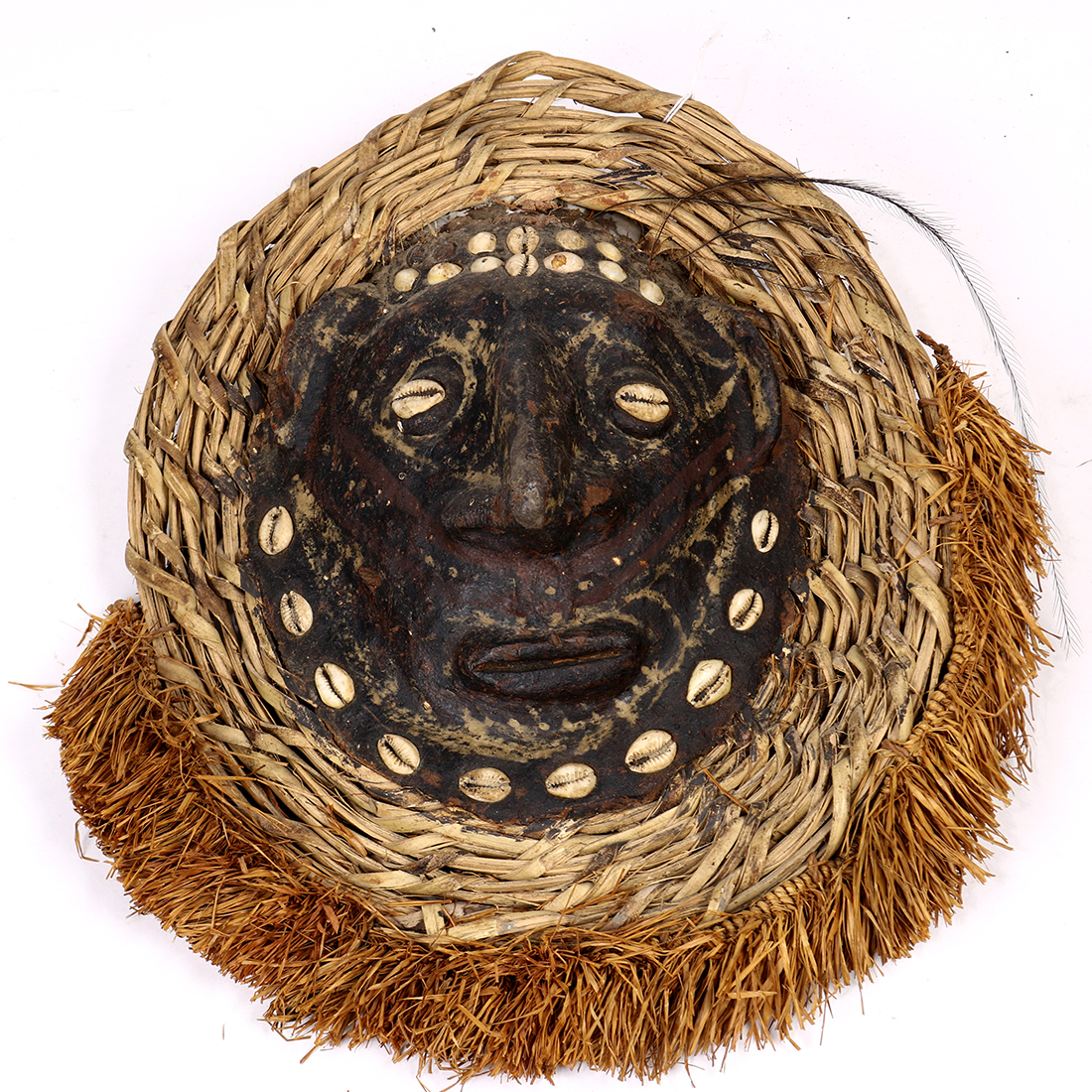 Papua New Guinea decorative mask, with cowrie shell eyes and a woven halo and raffia beard, 13"h x