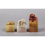 (lot of 3) Chinese soapstone seals, each carved with a mythical beast above the rectangular