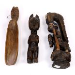 (lot of 3) African carved wood figural group, consisting of a non-traditional carved standing