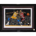 (lot of 2) Framed basketball sports memorabilia group, consisting of a framed lithograph depicting