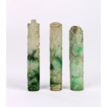 (lot of 3) Chinese jadeite feather holders, each carved with a lingzhi sprig, 2.5"h