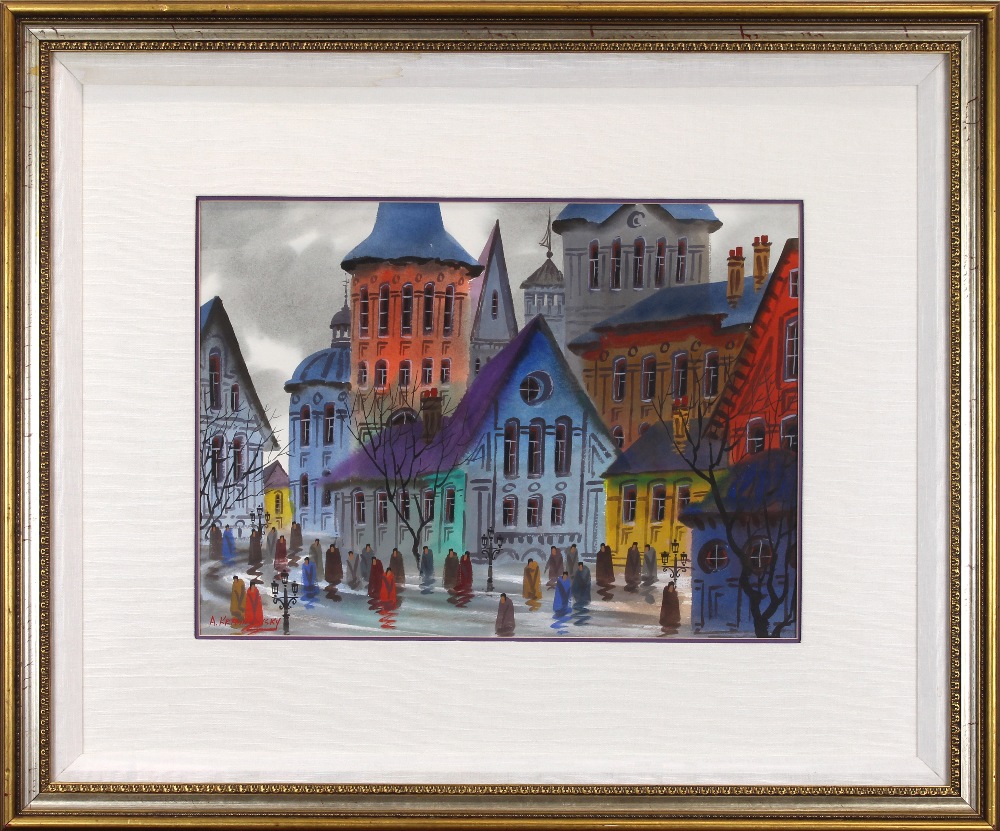 Anatol Krasnansky (American/Russian, b. 1930), "Street of Prague," watercolor, signed lower left, - Image 2 of 2