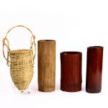 (lot of 4) Japanese bamboo vases for ikebana, consisting of one with a conical shaped body with