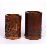 (lot of 2) Chinese bamboo brush pots: the first with scholars in a landscape; the second, with a boy