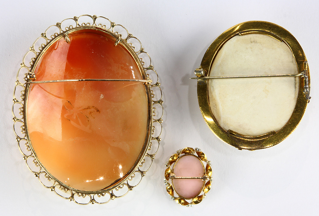 (Lot of 3) Shell and lava cameo, seed pearl and yellow gold brooches Including 1) brooch, - Image 2 of 2