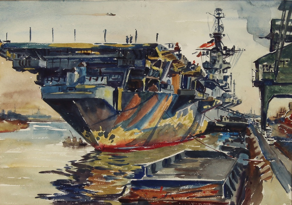 Arthur Edwaine Beaumont (American, 1890-1978), "Battle Repair - U.S.S. Hancock," 1946, watercolor,