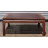 Chinese hardwood square low table, inset with two floating top panels, within a plain edge, the