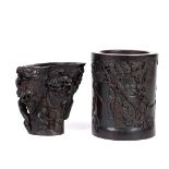 (lot of 2) Chinese wooden vessels: the first of a libation cup, carved with a boy in front of a