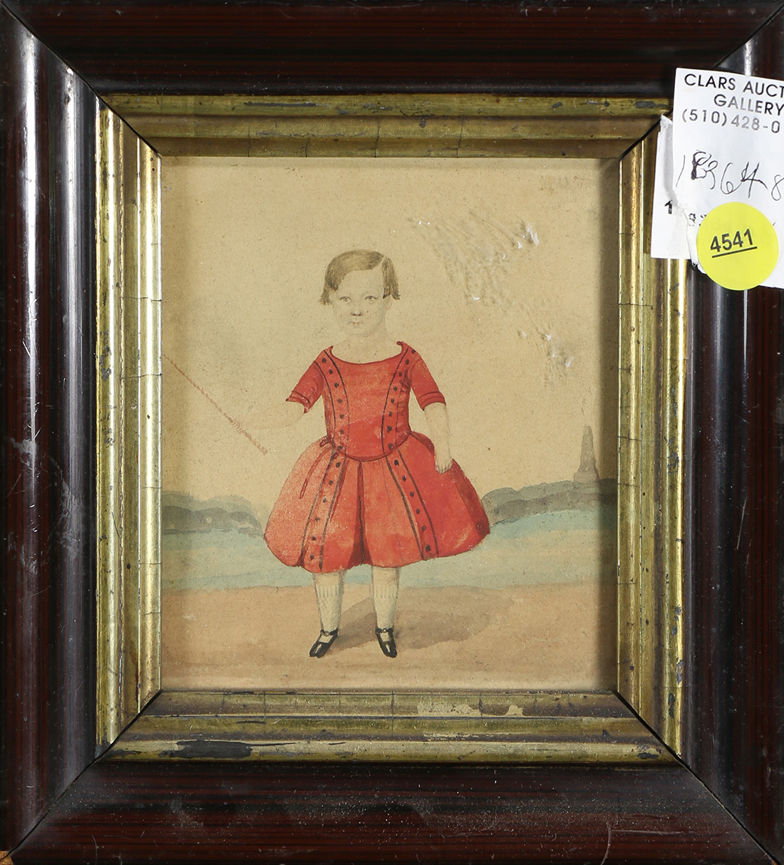 Young Girl in Red Dress, watercolor and pencil, unsigned, 19th century, overall (with frame): 7.5"