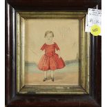 Young Girl in Red Dress, watercolor and pencil, unsigned, 19th century, overall (with frame): 7.5"