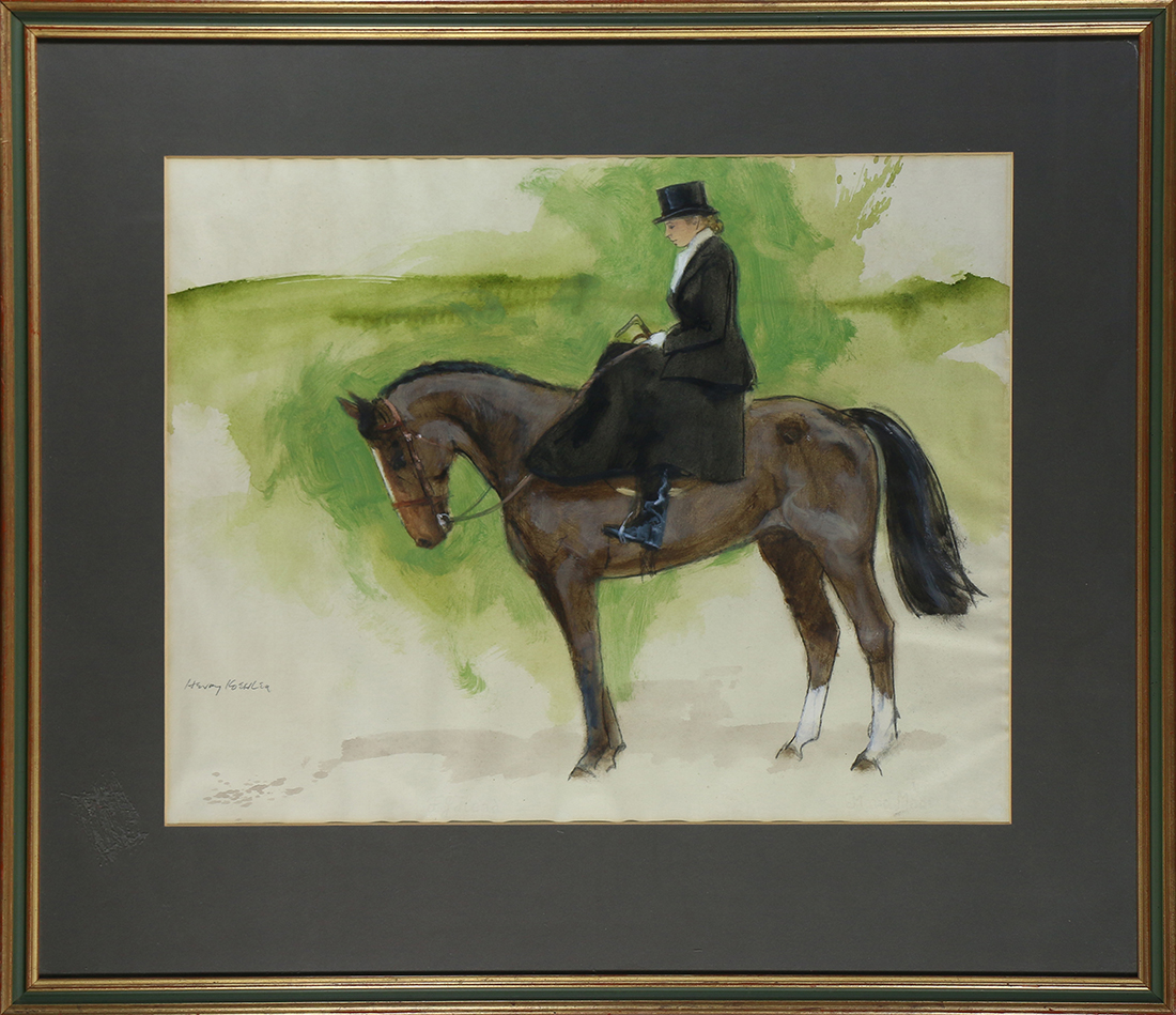 Henry Koehler (American, b. 1927), Lady on Her Horse, watercolor, signed lower left, overall (with