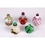 (lot of 5) Chinese snuff bottles, consisting of one glass in lotus form; the second, a red overlay