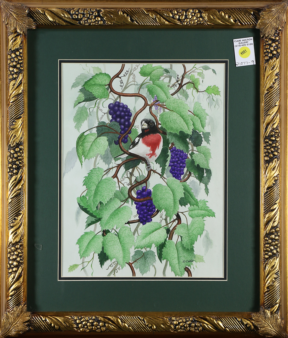 Walt Cude (American, 20th century), Rose-Breasted Grosbeak Amongst the Grape Vines, watercolor,