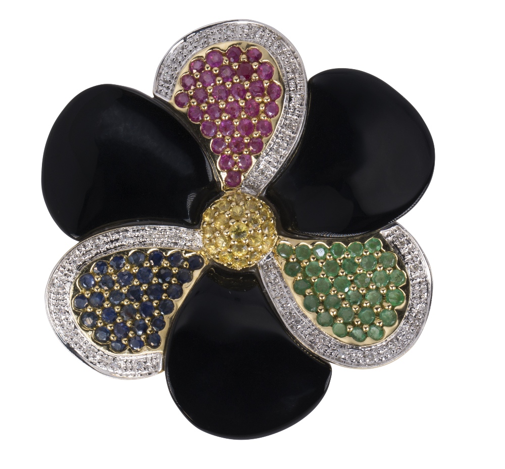 Multi-stone, diamond and 18k yellow gold flower enhancer brooch Designed as a flower, measuring