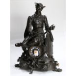 Continental bronze figural mantle clock, depicting Don Quixote, above the Roman numeral dial, and