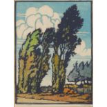 William Seltzer Rice (American, 1873-1963), "Windblown Poplars," woodcut in colors, pencil signed