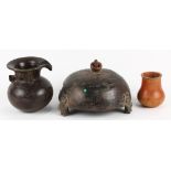 (lot of 3) Pre-Columbian ceramic articles, consisting of (2) Guatemalan culture vessels 5"h,