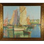 After Edgar Alwin Payne (American, 1883-1947), "Boats in Harbor," screenprint on canvas, bears