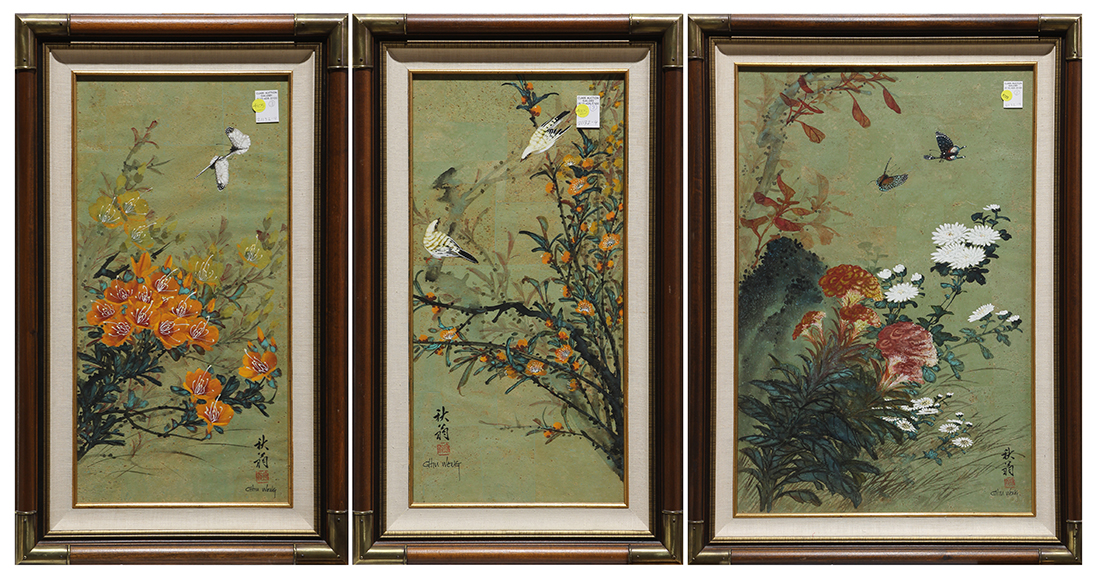 (lot of 3) Chiu Weng (Chinese, 20th century), Birds and Flowers, ink and color on paper, each signed