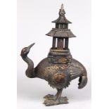 Chinese copper alloy gilt lantern/lamp, of a crane supporting a two-sectioned pavillion, 18.5"h